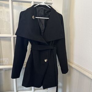 Black Wrap Trench Coat Belted Winter Jacket Womens L
